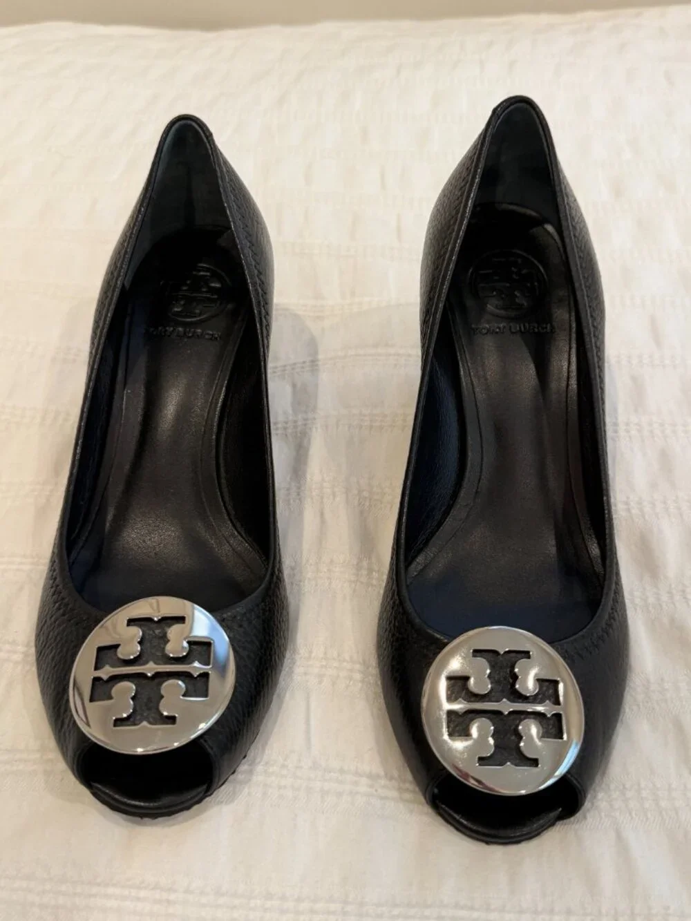 Tory Burch Sally Peep-Toe Leather Wedge Pumps Black Size 8M